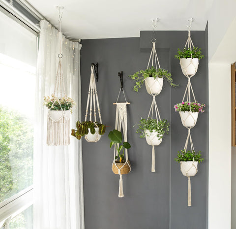 Close-up of cotton cord weave on Mkono macrame plant hanger ivory for texture