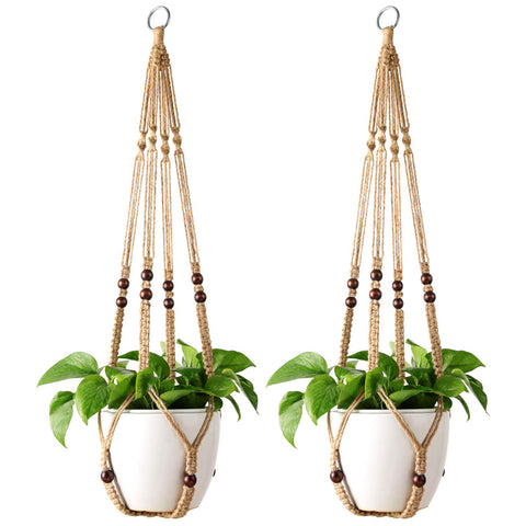 Mkono macrame plant hanger with wood beads, 35-inch length, ideal for indoor plant display.