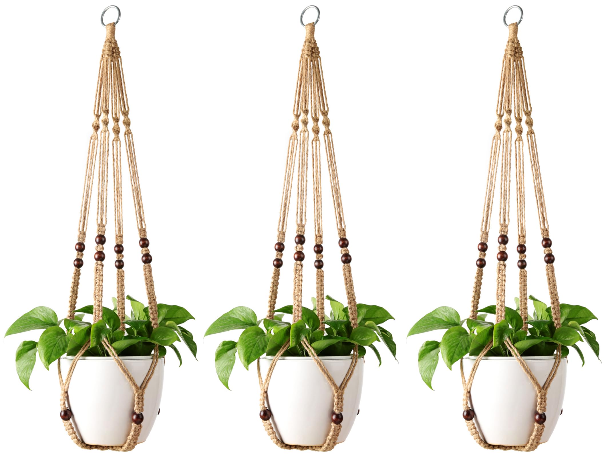 Mkono macrame plant hanger with wood beads enhances rustic decor in any room.