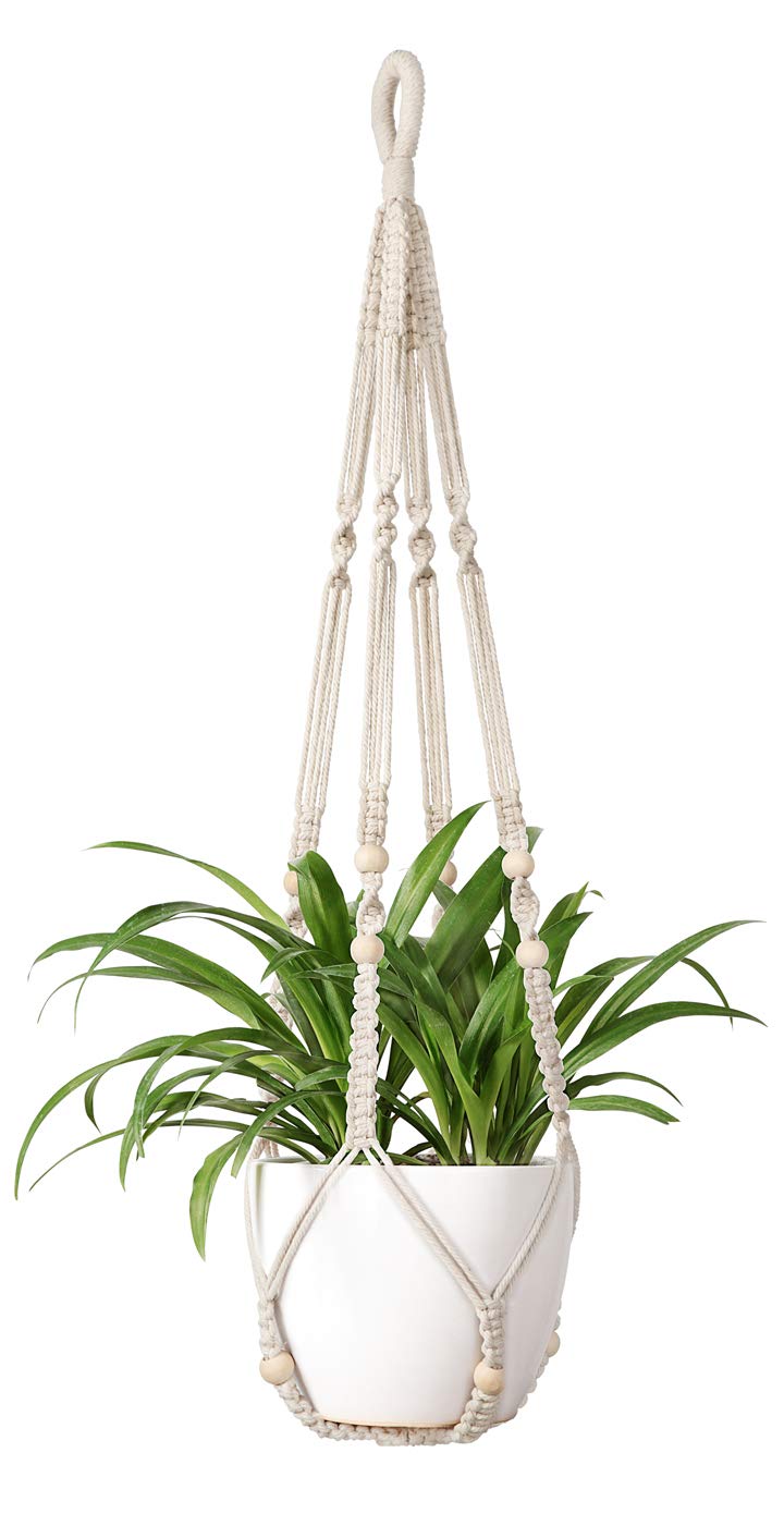 Mkono macrame plant hanger with wood beads in ivory for indoor decor.