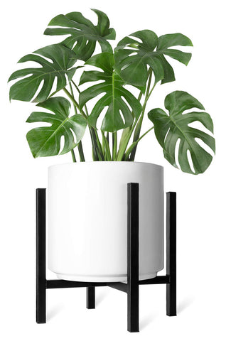 Mkono mid-century stand in black, front view, offering stable plant display