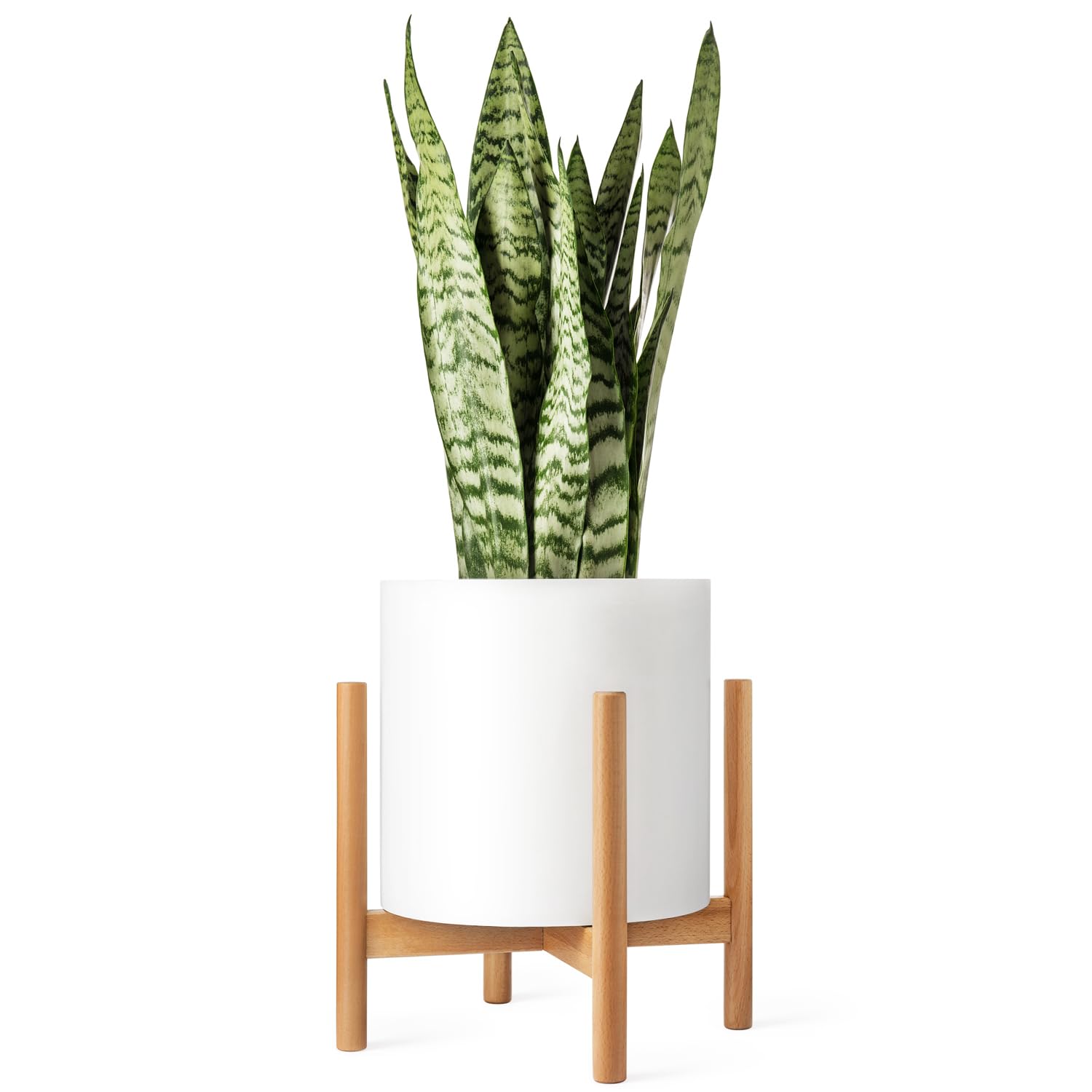 Mkono mid-century plant stand in natural beech wood for stylish indoor display.