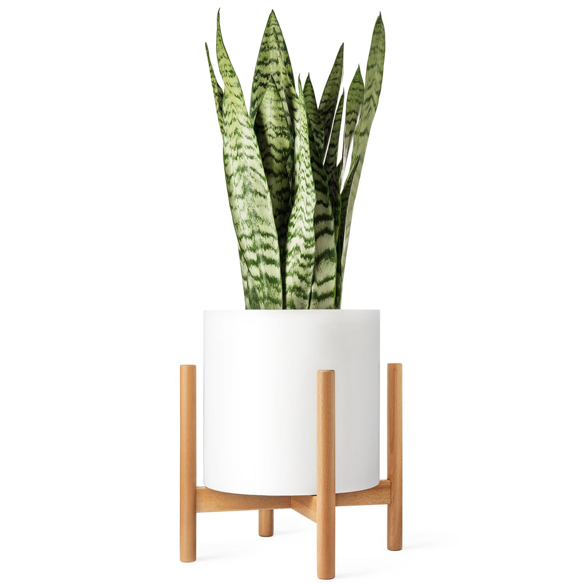 Mkono mid-century plant stand in natural beech wood for stylish indoor display.