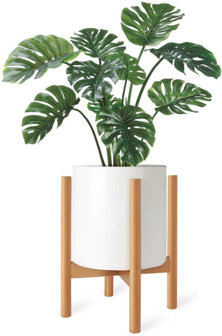 Mkono mid-century wood plant stand displays a 10-inch planter for elevated greenery.