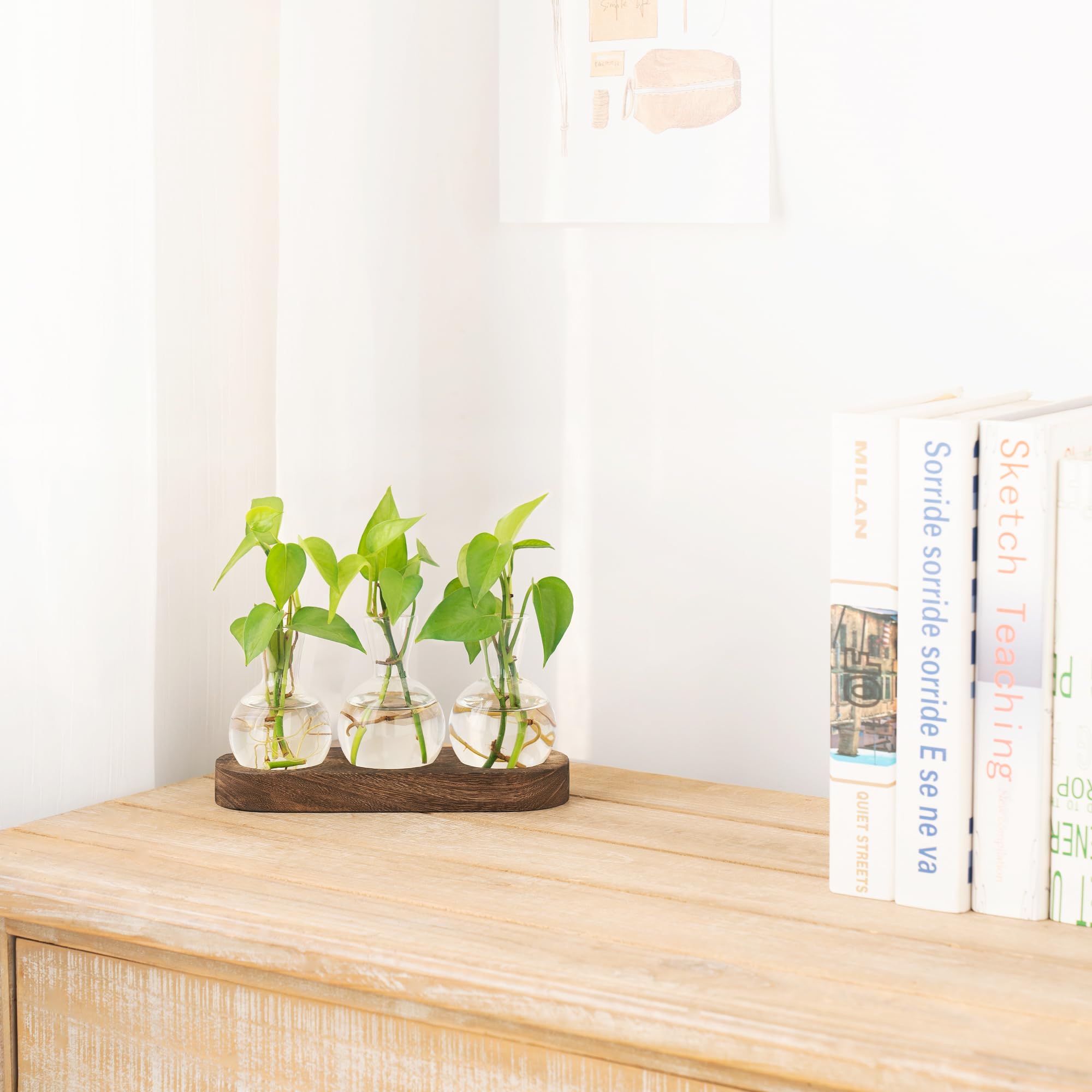 Close-up of Mkono grooved wooden tray design with clear bulb vase.