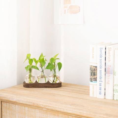 Close-up of Mkono grooved wooden tray design with clear bulb vase.