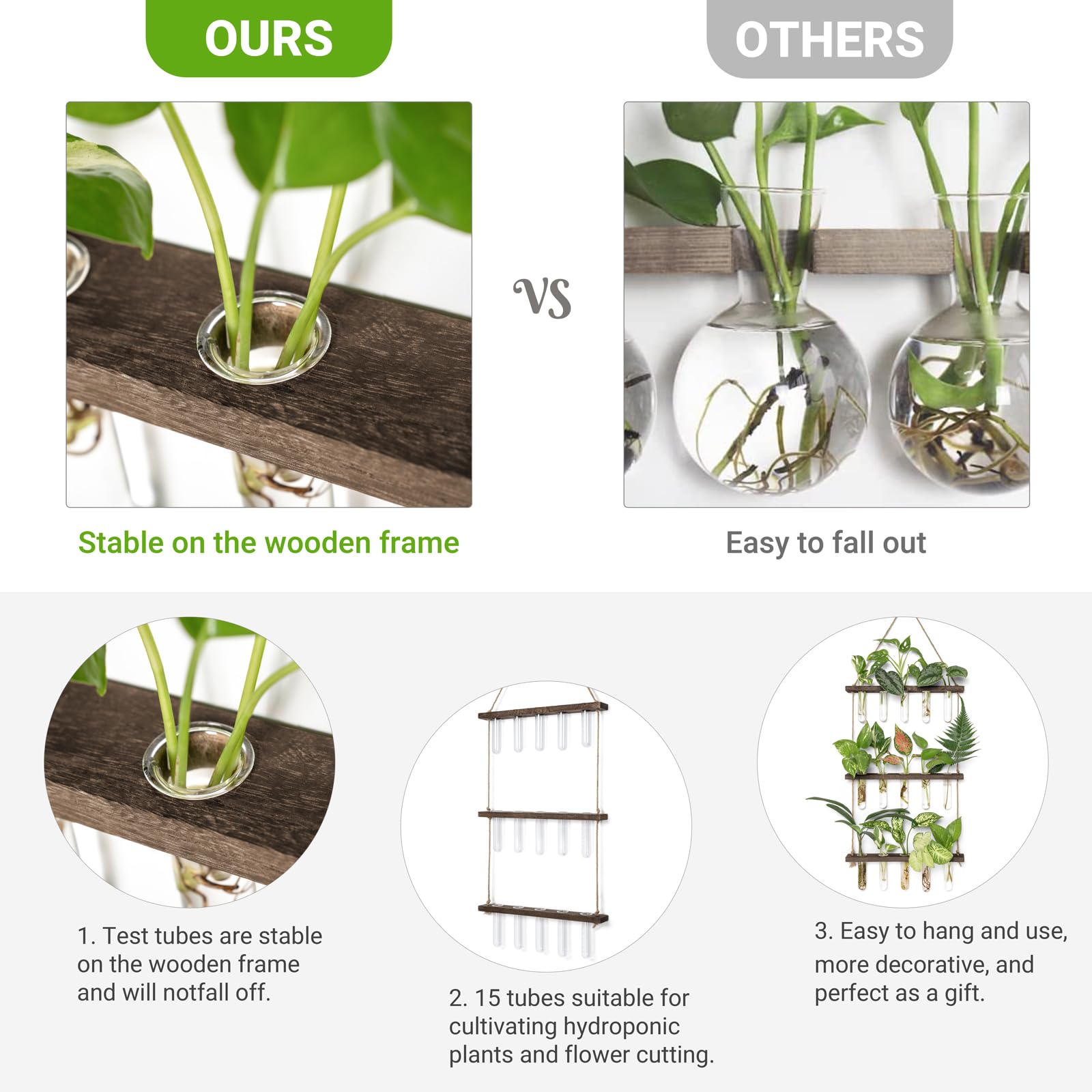 Wall-mounted design saves space while adding natural decor.