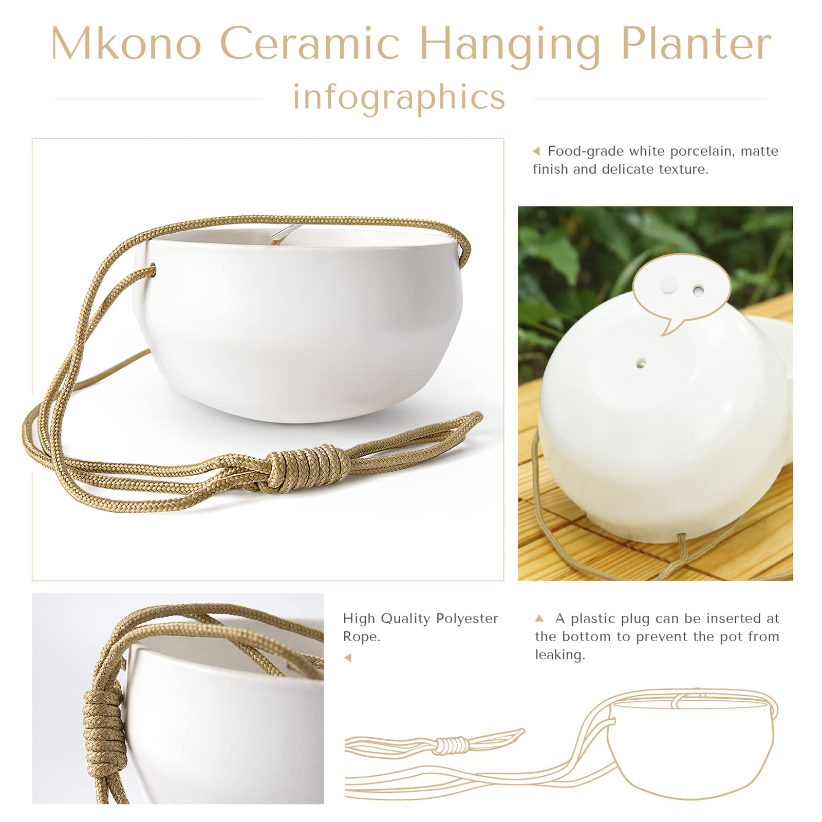 Mkono white ceramic hanging planter suitable for indoor and outdoor use