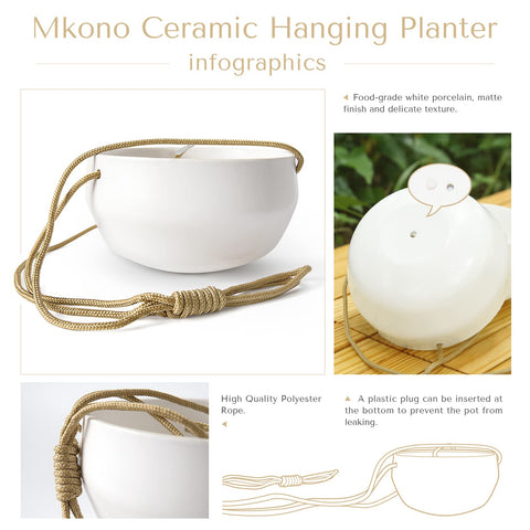 Mkono white ceramic hanging planter suitable for indoor and outdoor use