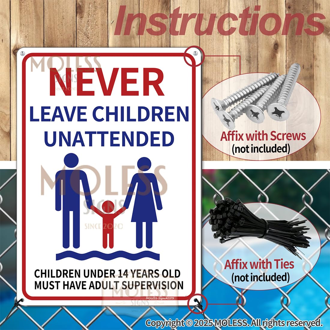 MOLESS Weatherproof outdoor pool sign preserves vivid colors in sun and rain