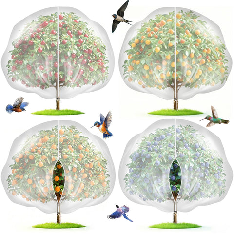 Mlhezy four-pack 12x10 ft fruit tree netting overview protects crops from birds