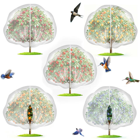 Mlhezy 5-pack 10ft fruit netting bags shield fruit trees from birds and pests.