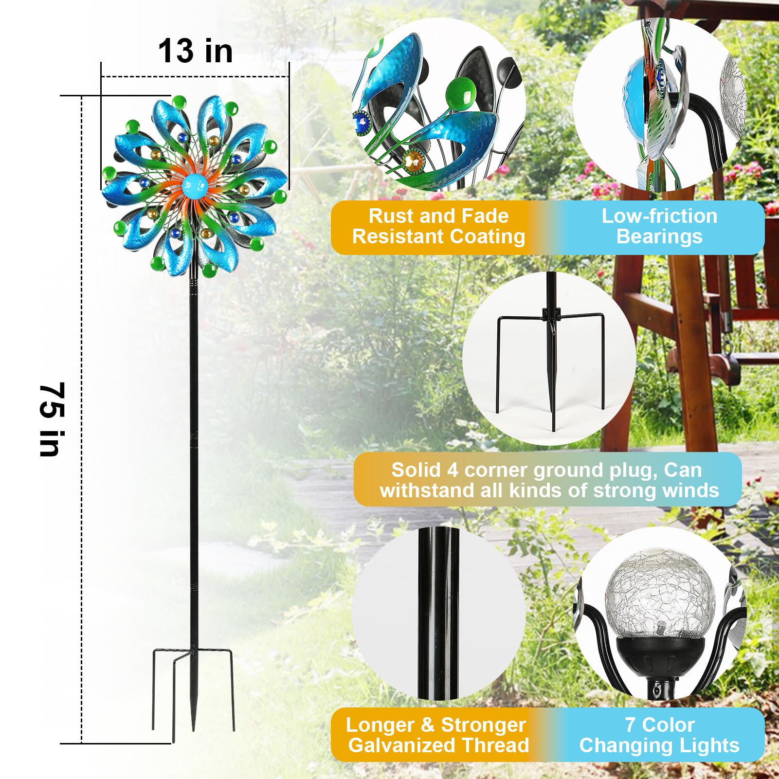 MLKNK wind spinner reinforced 19mm pole ensures sturdy yard display.