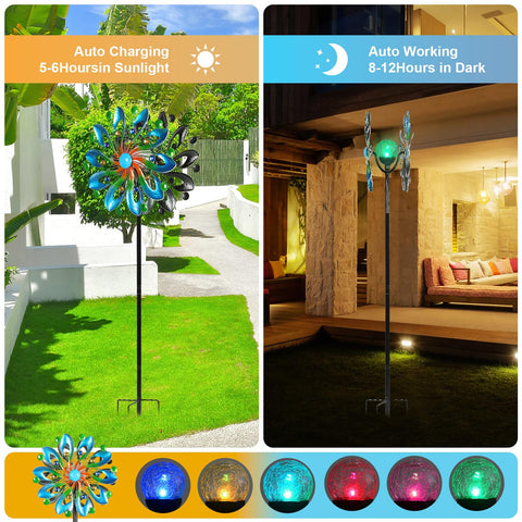 MLKNK wind spinner solar globe light provides evening illumination in the garden.
