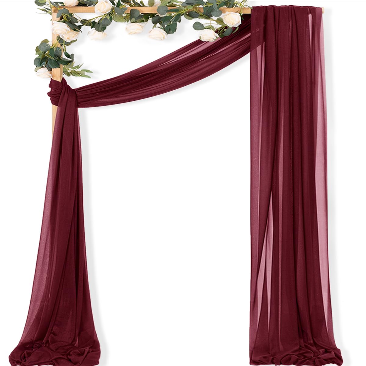 MLMC Burgundy gauze drapes in two-panel arch backdrop for weddings