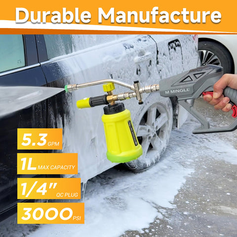 M MINGLE dual-connector switch for easy foam or water flow.