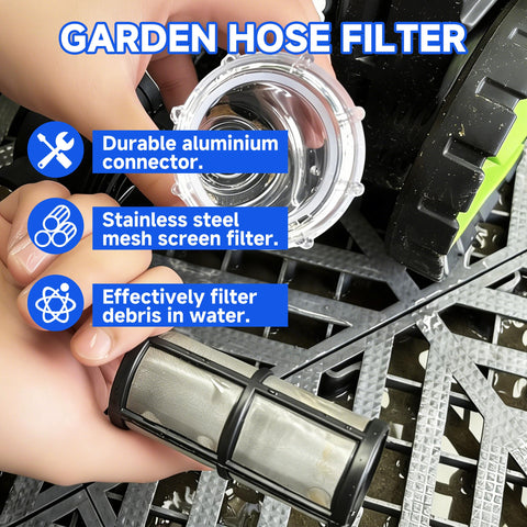 MMINGLE dual-mesh filter protection guards pumps and hoses from debris.