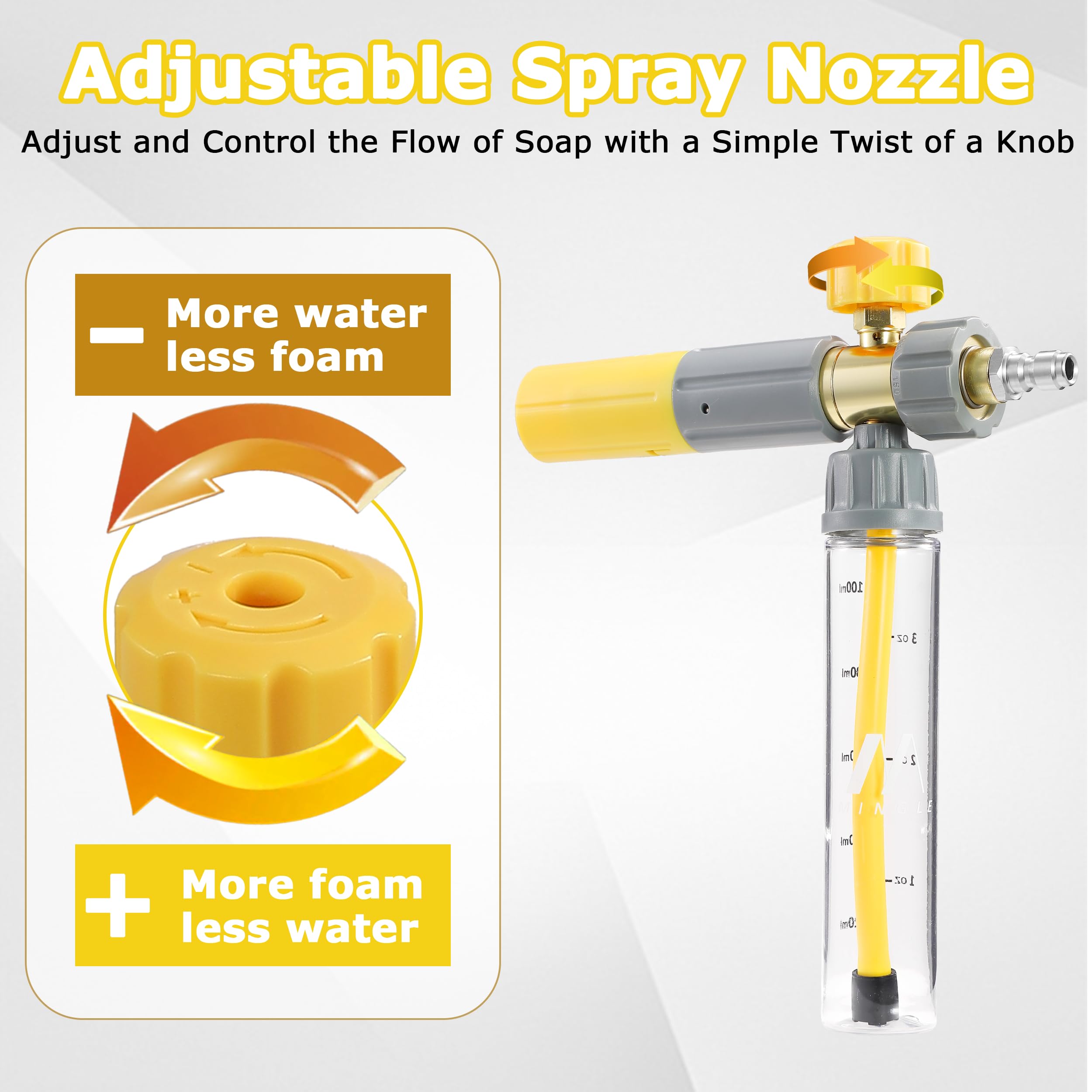 M MINGLE adjustable foam dial controls foam-to-water balance.