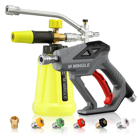M MINGLE high pressure washer gun with foam cannon for powerful car cleaning.