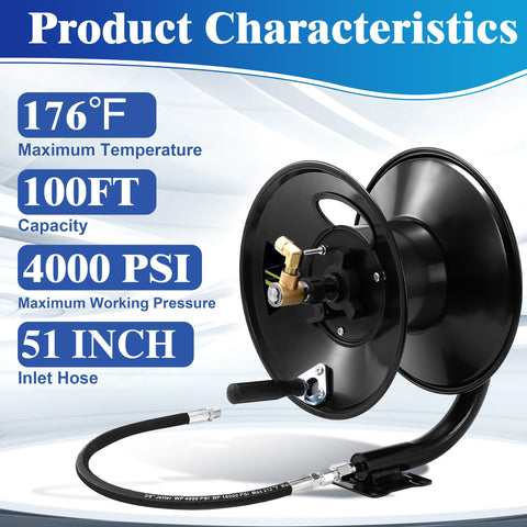 M MINGLE hose reel with swivel arm enables easy retract and tidy storage.