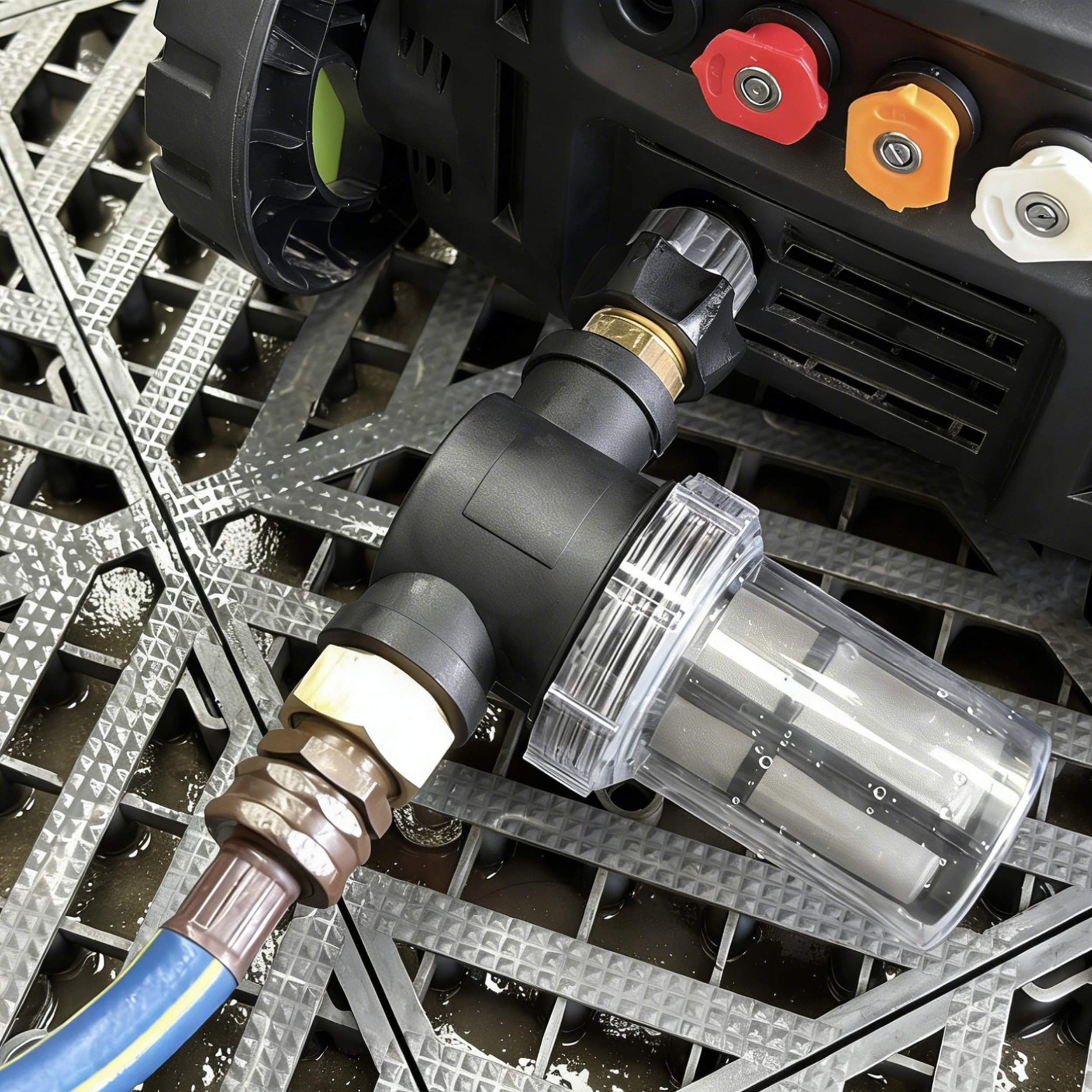 MMINGLE inline hose filter with 100-mesh screen traps finer sediment for smoother operation.