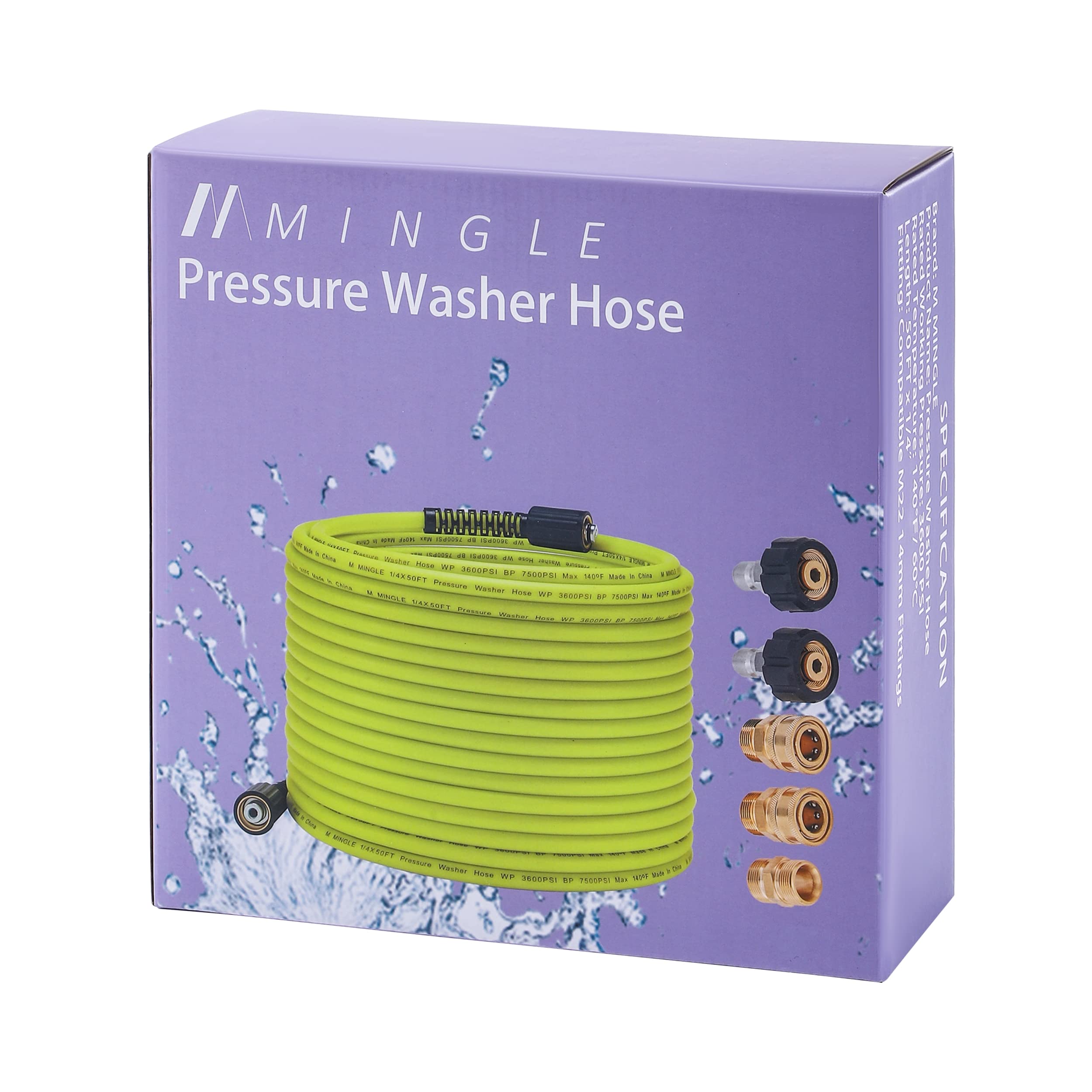 MMINGLE packaging includes hose, coupler, and adapters for ready setup