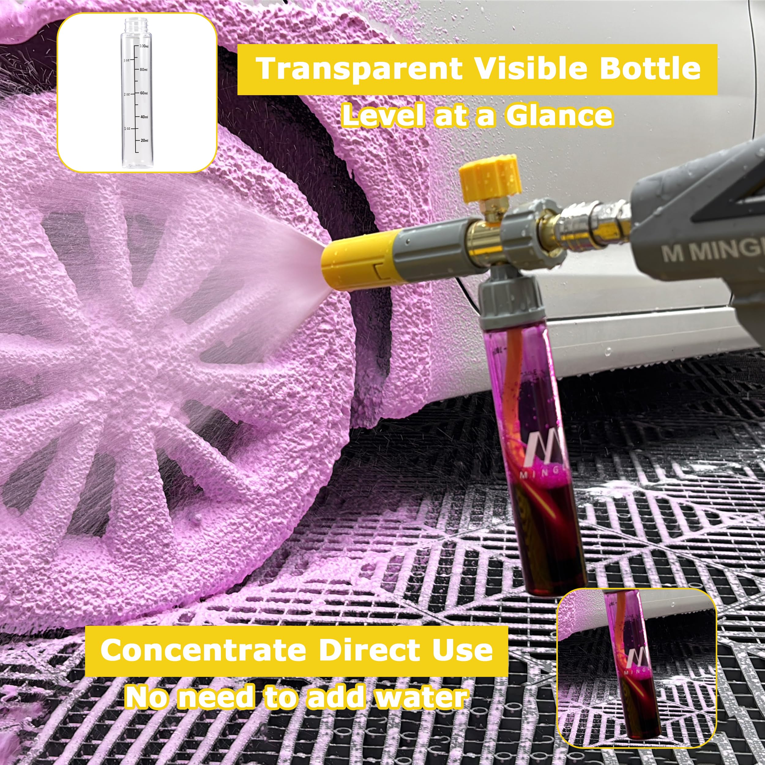 M MINGLE pressure washer gun shown with easy setup for quick, satisfying vehicle wash.
