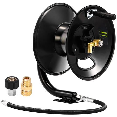 M MINGLE pressure washer hose reel 100ft displays durable steel construction for outdoor use.