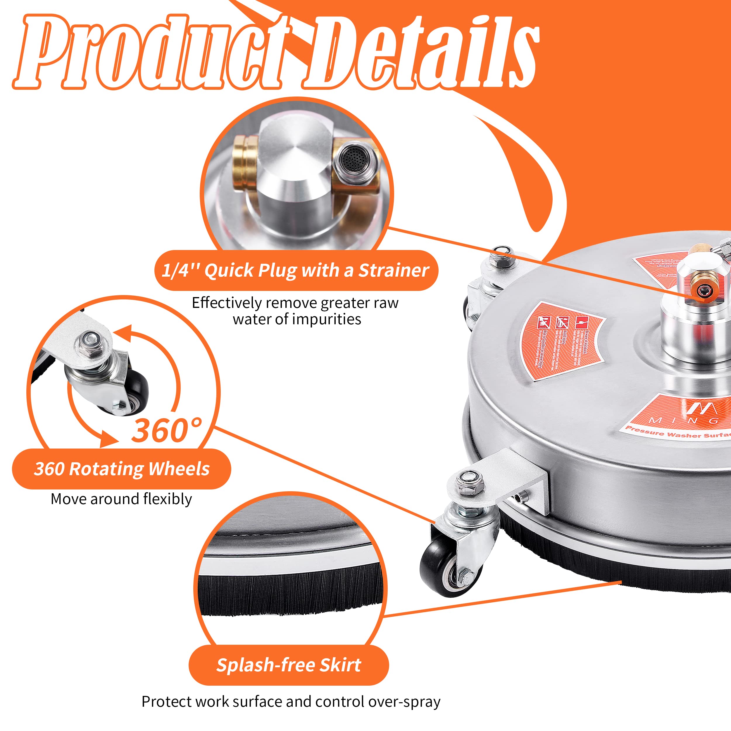 M MINGLE 1/4-inch quick-connect fits most pressure washers securely.