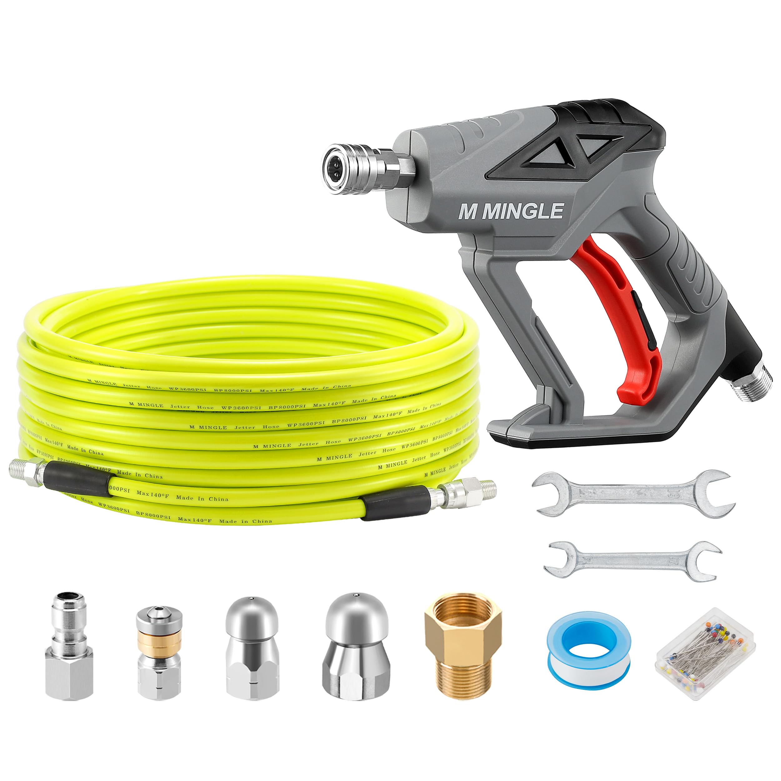 M MINGLE sewer jetter hose extends 50 ft for long-reach pipe cleaning.