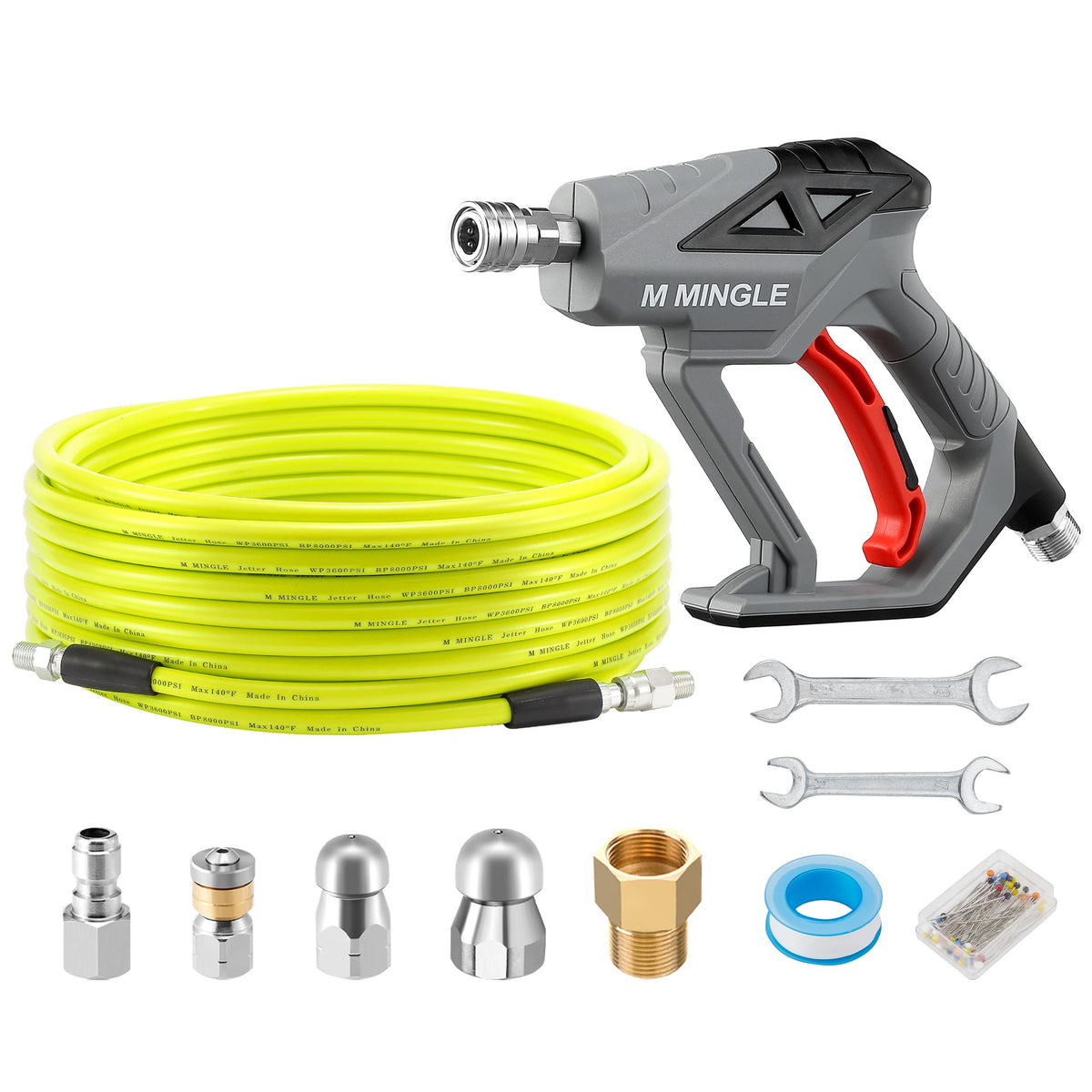 M MINGLE sewer jetter hose extends 50 ft for long-reach pipe cleaning.