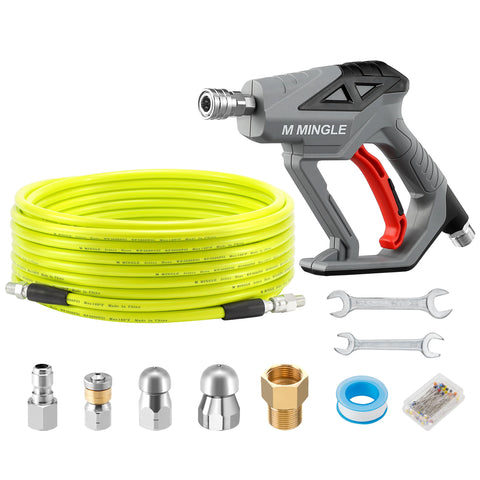 M MINGLE sewer jetter hose extends 50 ft for long-reach pipe cleaning.