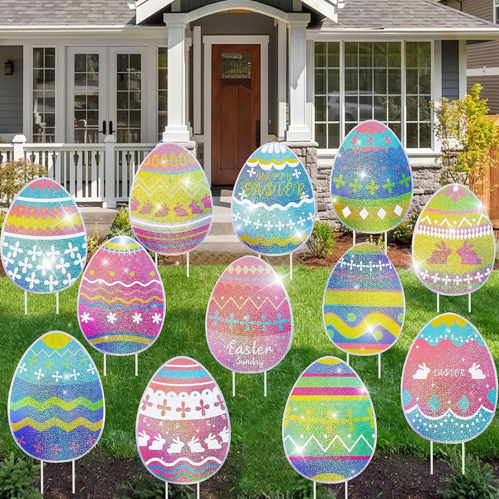 MNKXL glitter Easter yard sign with laser glitter pattern for standout curb appeal.