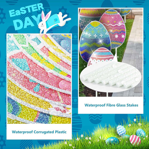 MNKXL laser-printed Easter egg signs with glitter gradient for festive sparkle.