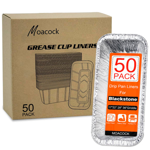 MOACOCK 50-pack drip pan liners for Blackstone grills, effortless grease containment and cleanup.