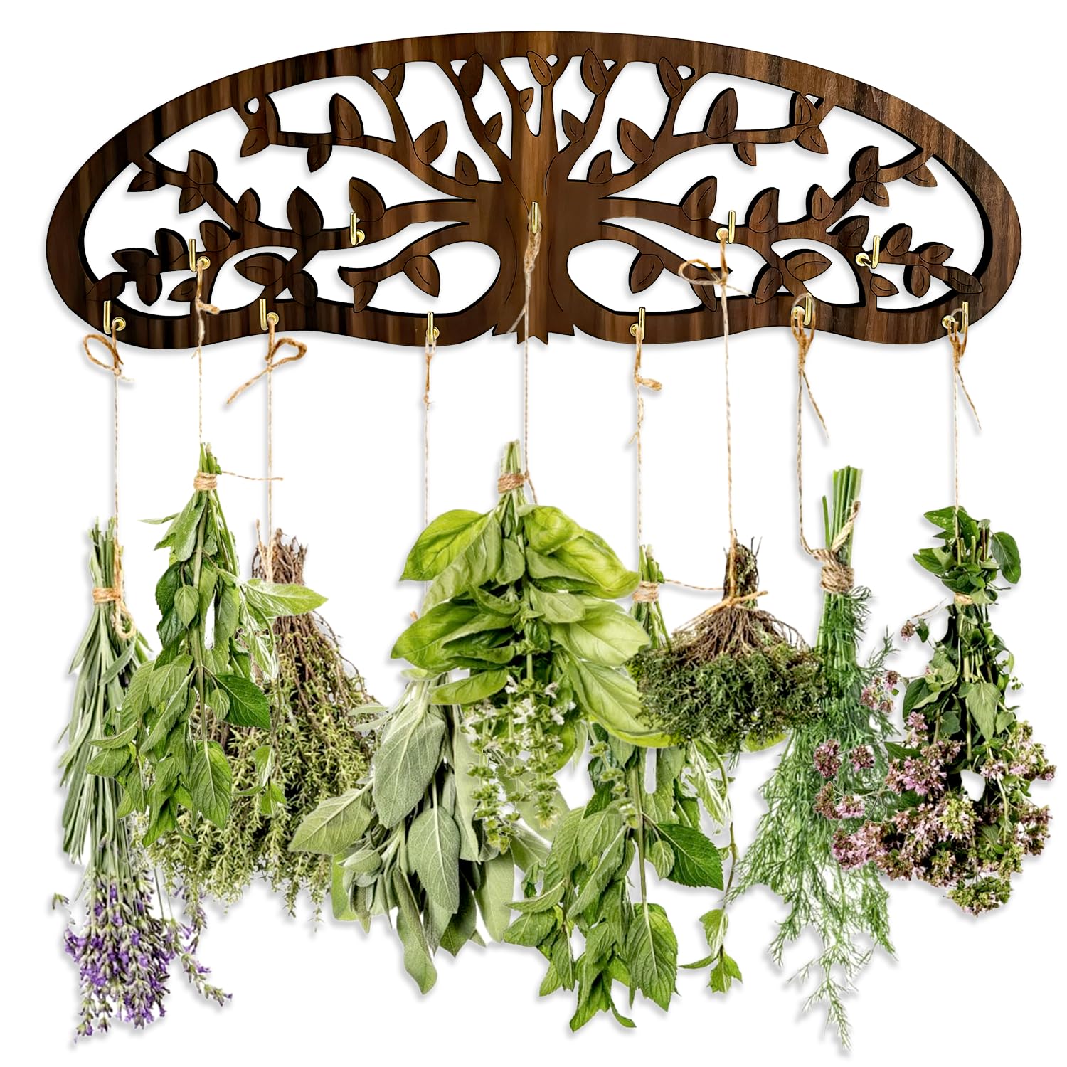 MOASIOP herb drying rack on wall with tree design holding 11 bouquets for tidy drying