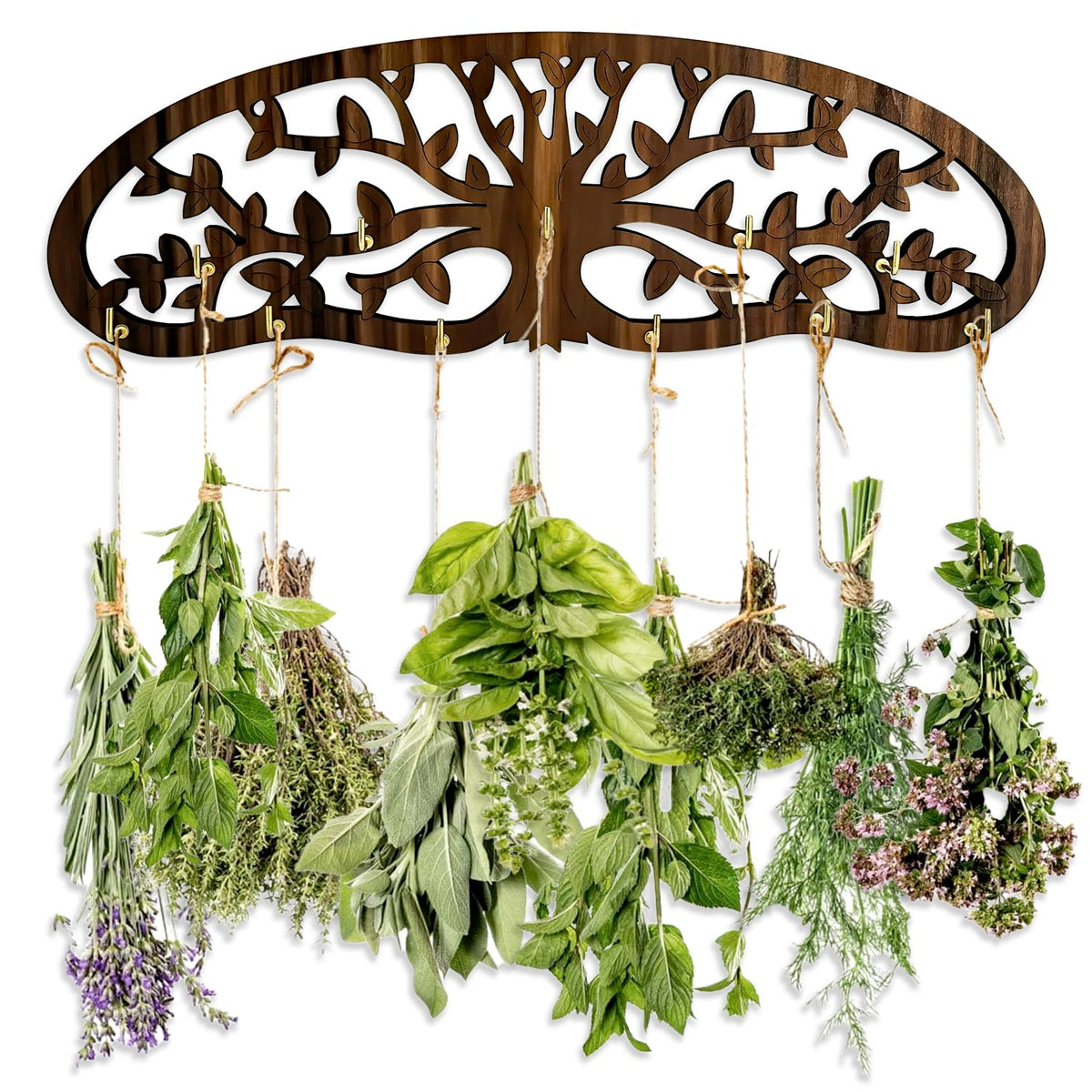 MOASIOP herb drying rack on wall with tree design holding 11 bouquets for tidy drying