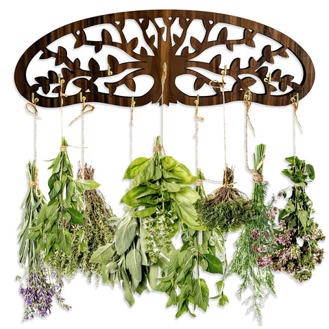 MOASIOP herb drying rack on wall with tree design holding 11 bouquets for tidy drying