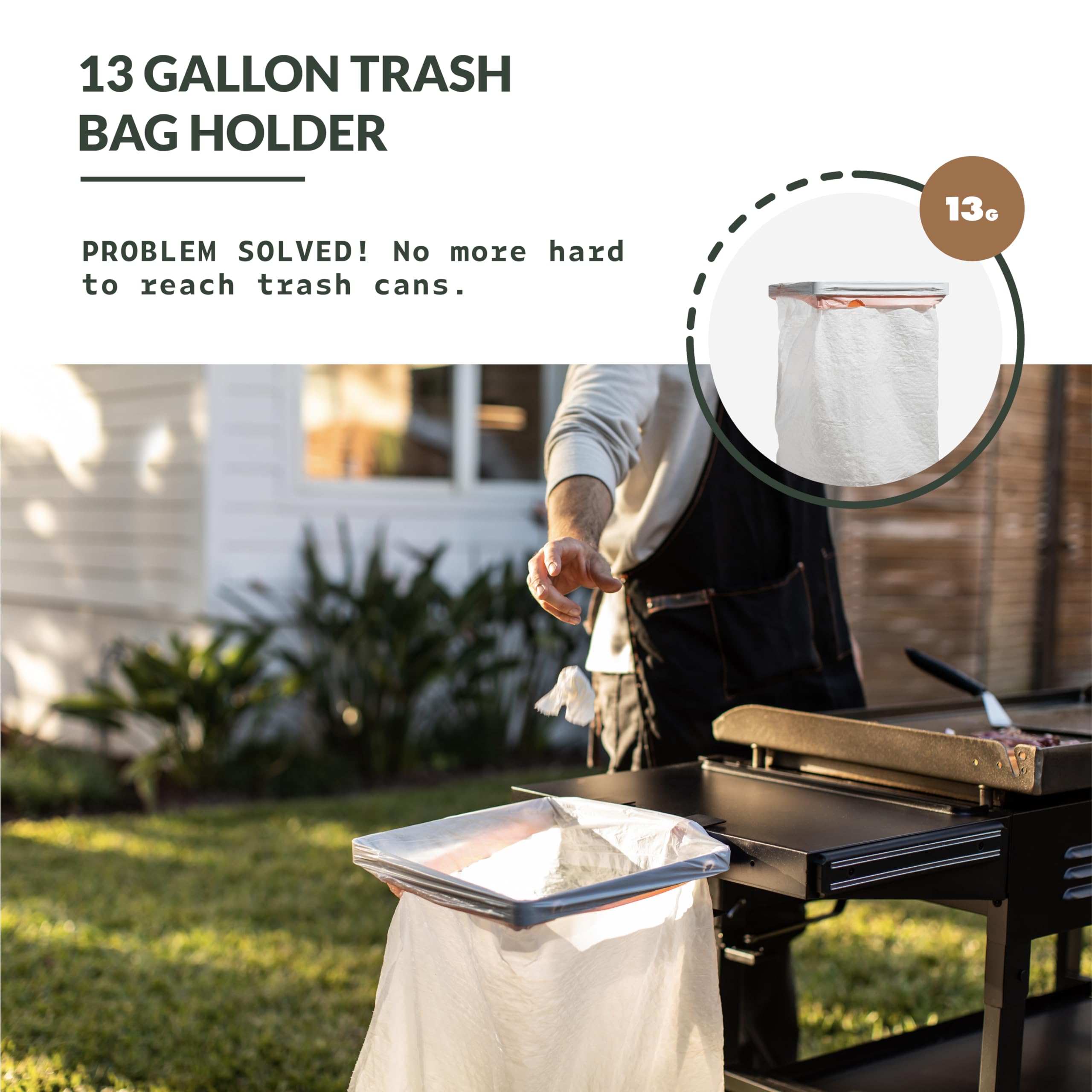 MOAT outdoor grill setup with caddy and trash bag holder.