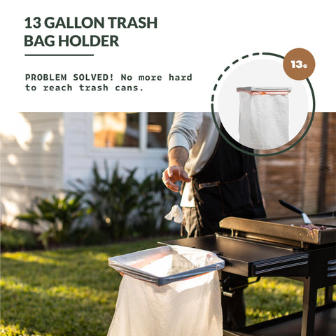 MOAT outdoor grill setup with caddy and trash bag holder.