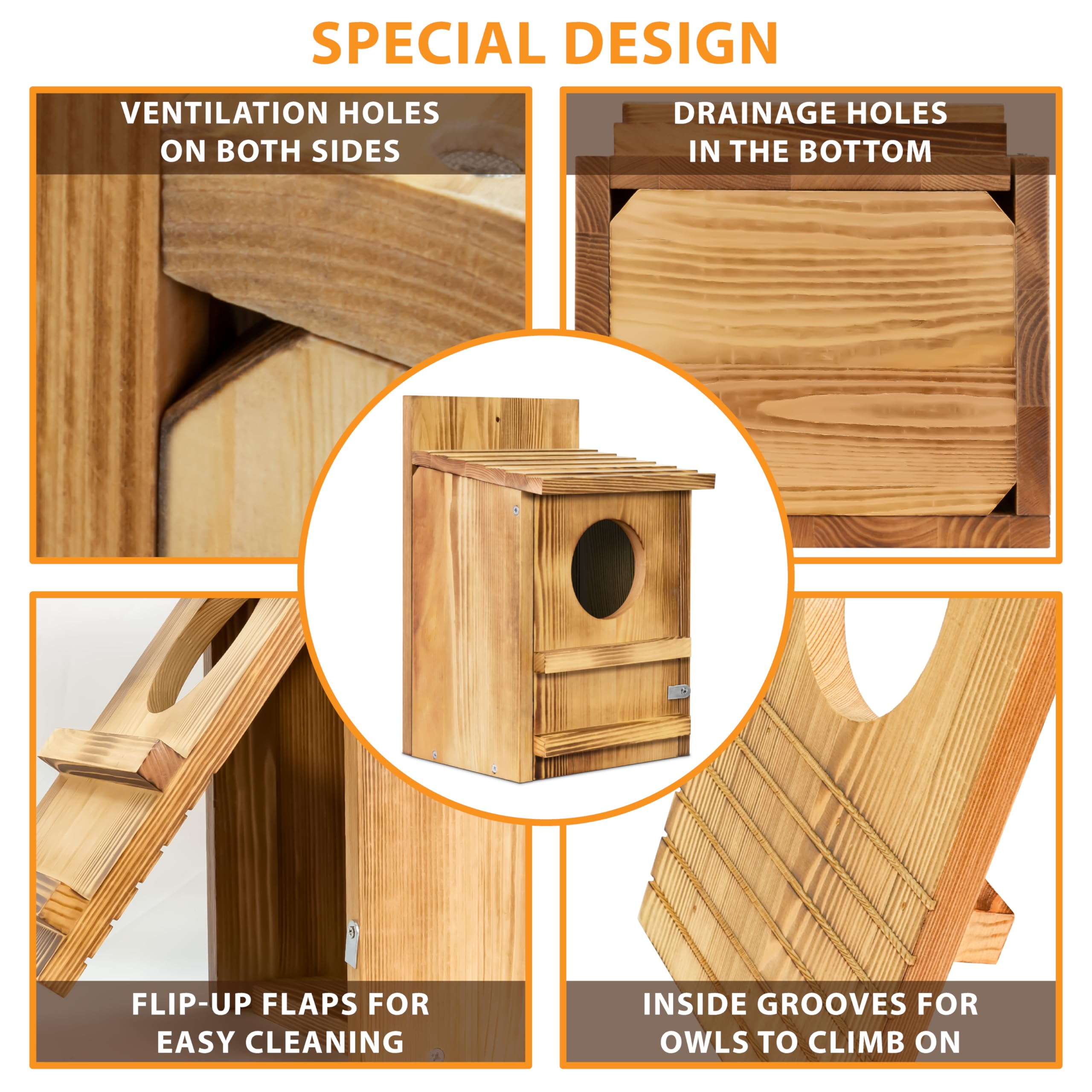 MOBYKE Screech Owl House scratching pole design supports perching while reducing nest disturbance