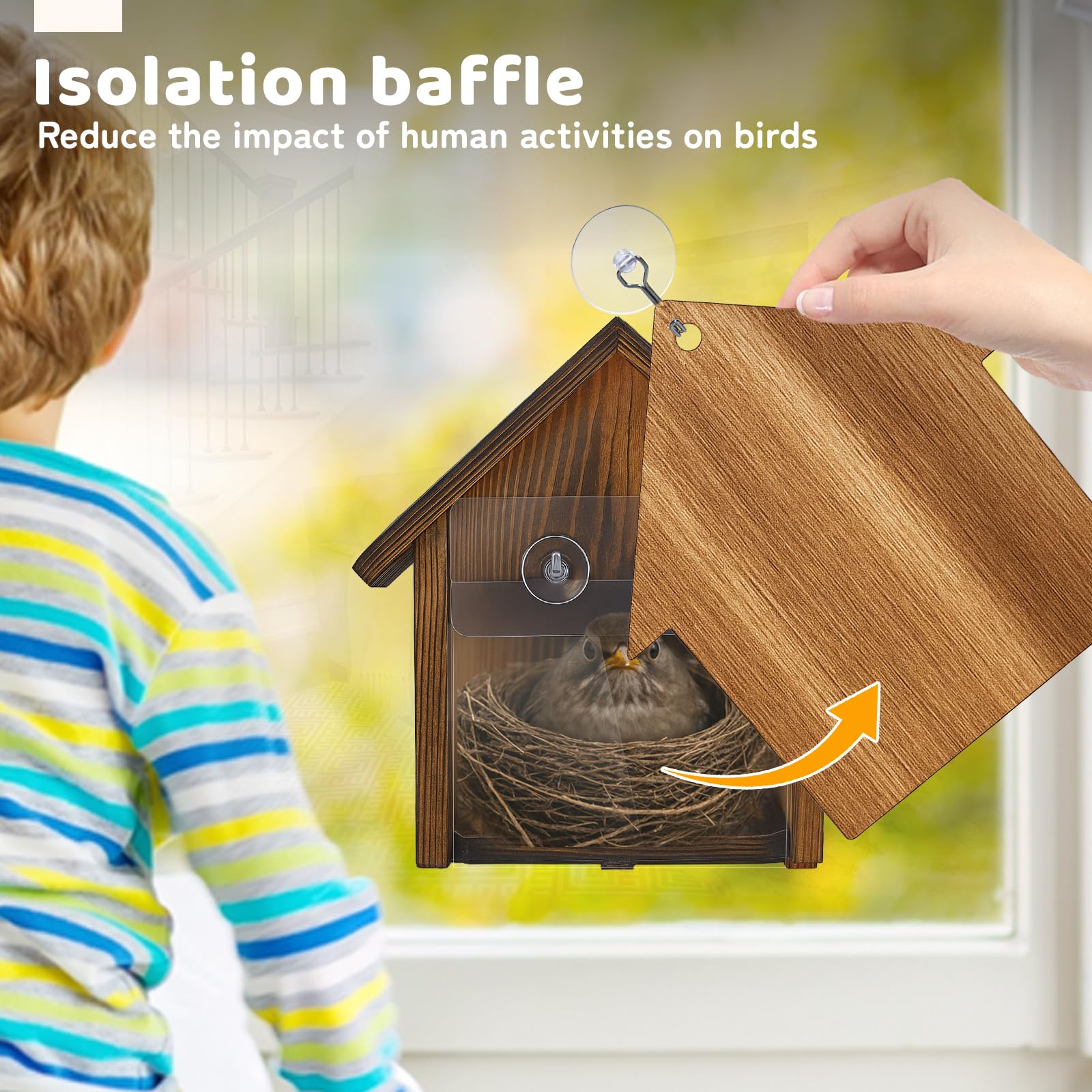 MOBYKE window bird house with adhesive hooks for easy outdoor hanging.