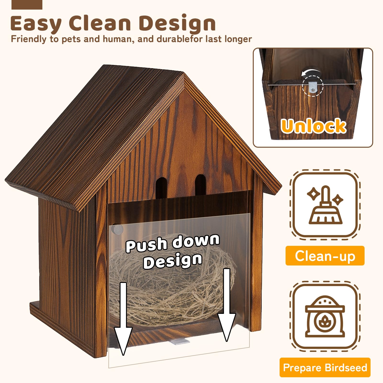 MOBYKE burnt wood finish adds weather-resistant durability to the bird house.