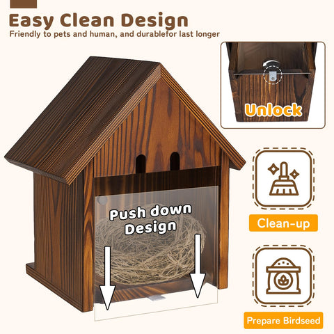 MOBYKE burnt wood finish adds weather-resistant durability to the bird house.
