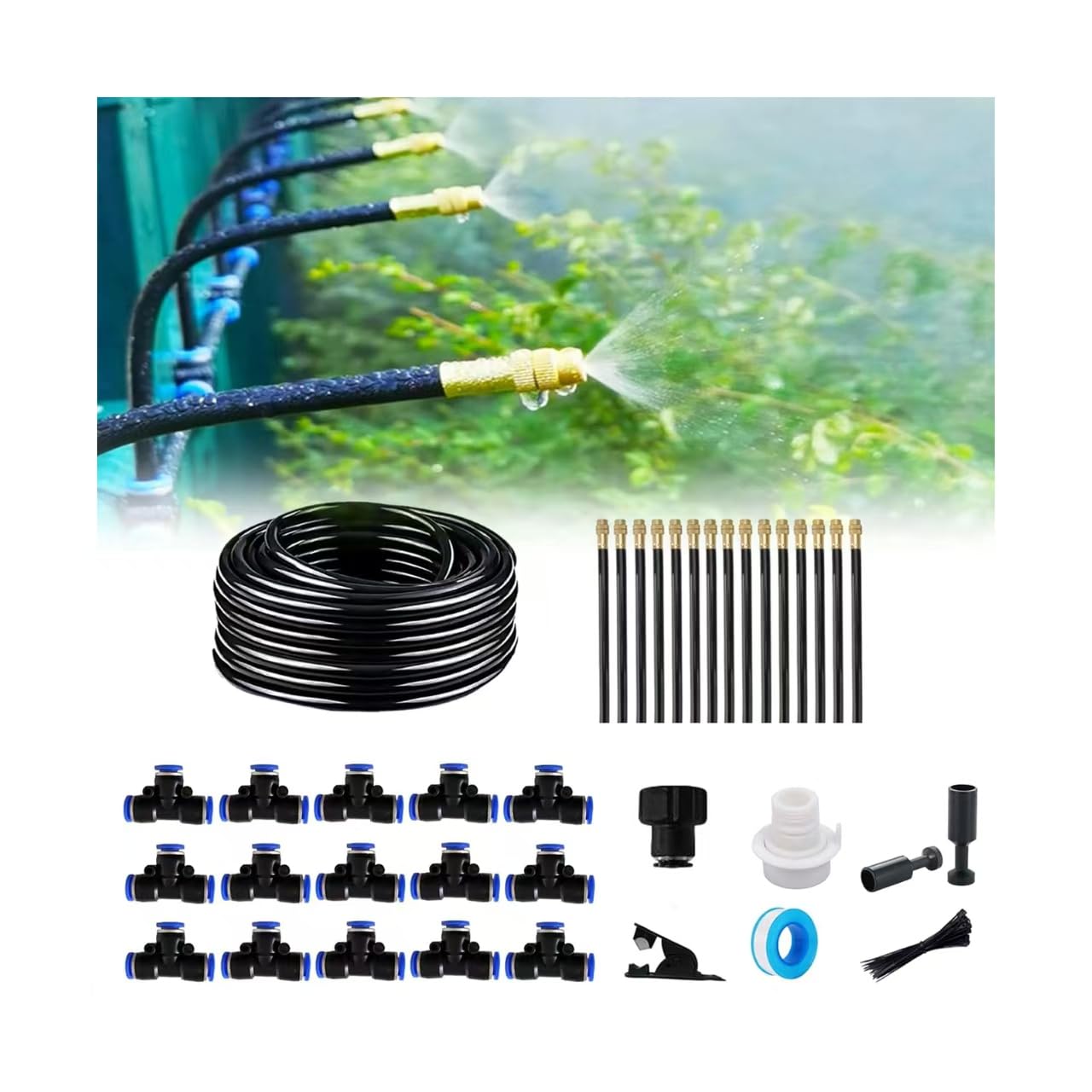 MOCOBER drip irrigation 65ft tube for even garden watering.
