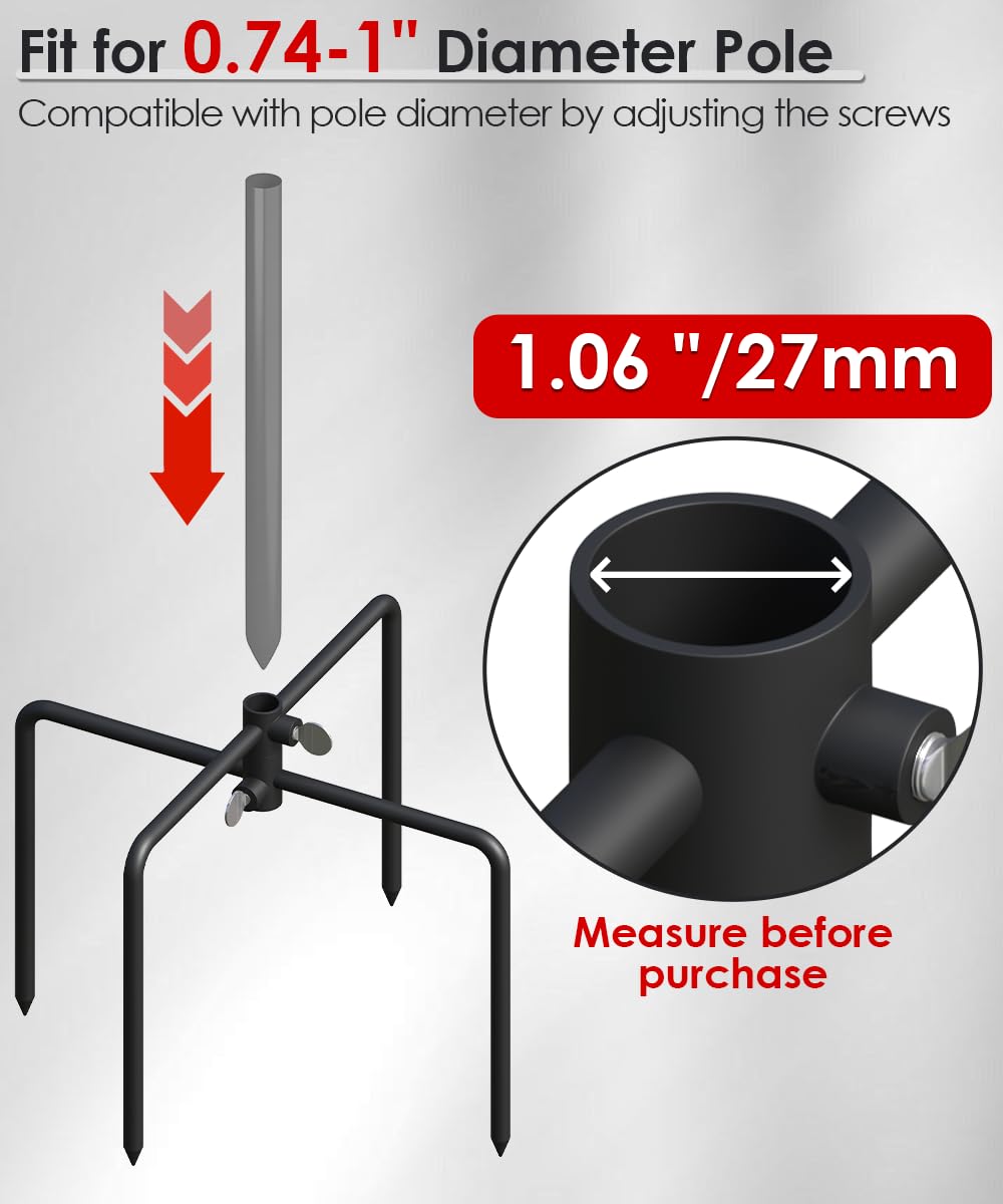 Mocomax four-prong base provides added stability for taller poles in windy conditions.