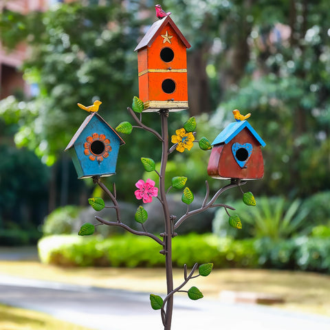 MOCOME colorful-birdhouse on stake adds cheerful focal point to garden.
