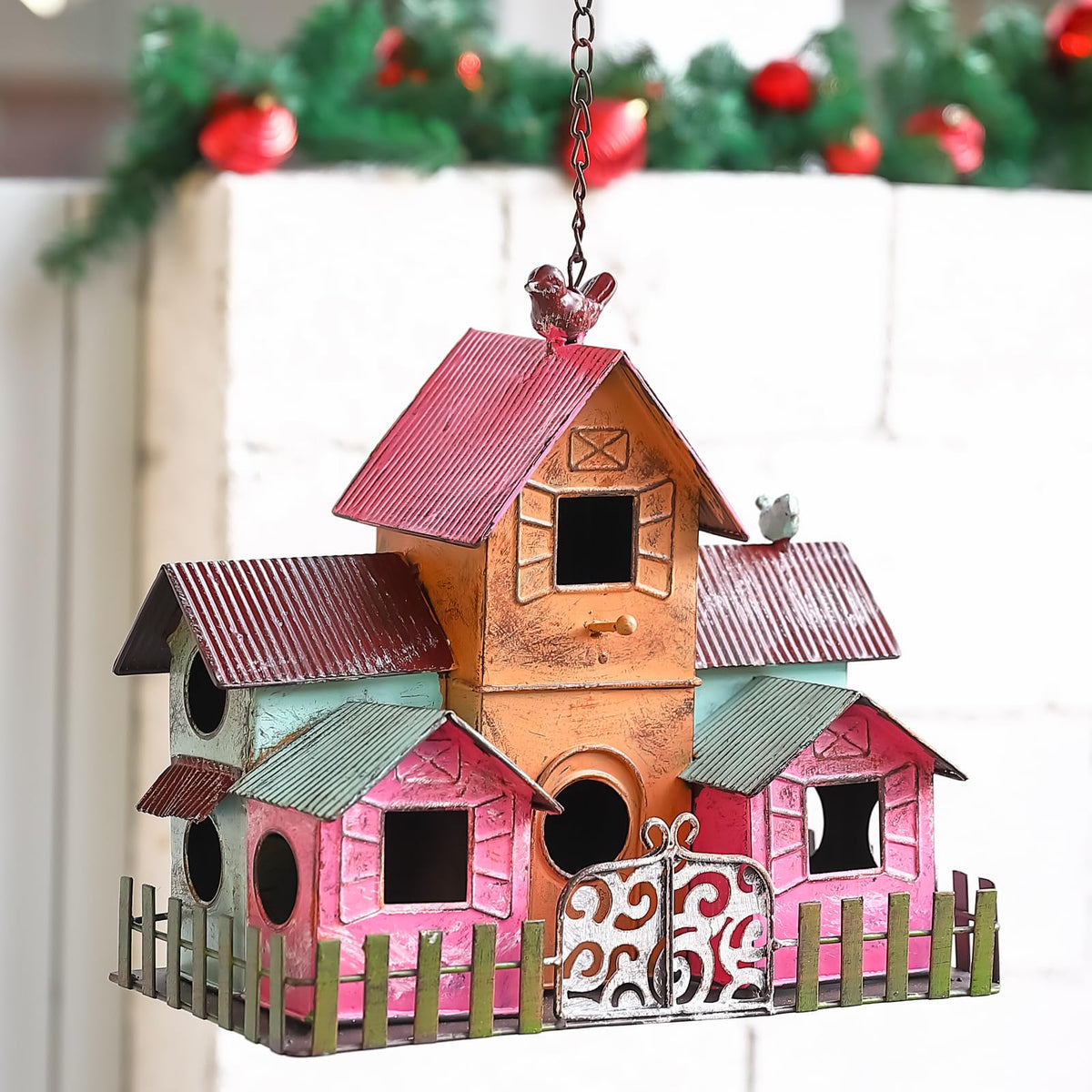 MOCOME large metal bird house with five compartments for outdoor nesting and easy hanging.