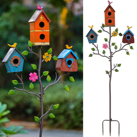 MOCOME multi-bird houses on pole in vibrant colors attract diverse yard birds.