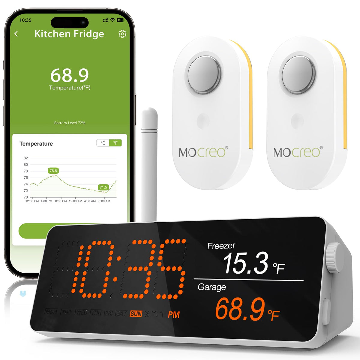 MOCREO remote thermometer hub display shows real-time temperatures for proactive monitoring.